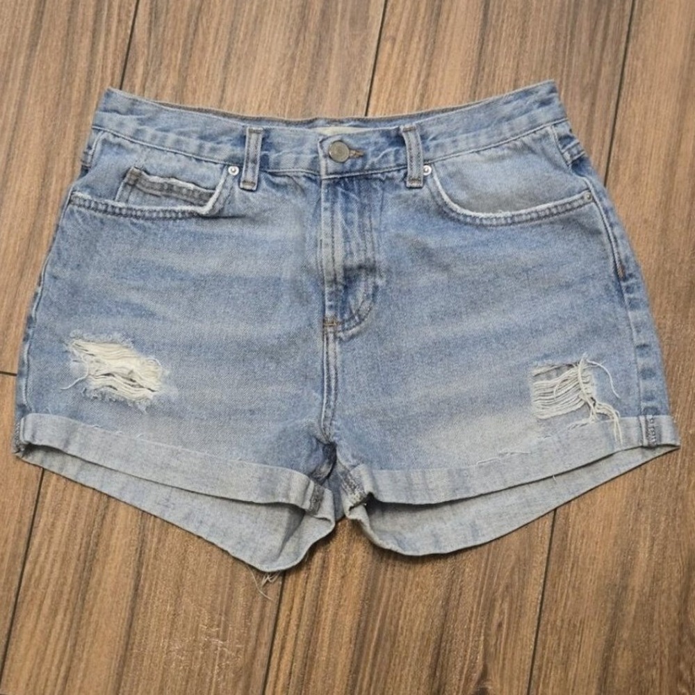 Topshop Moto Rosa Distressed Denim Shorts Light Wash Blue High Rise Size 8 12